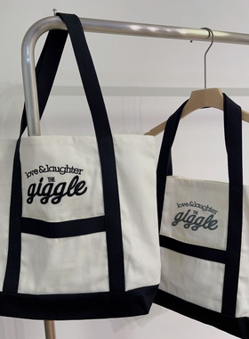 韩国东大门同款 现货刺绣黑白配色giggle大容量帆布包经典单肩包