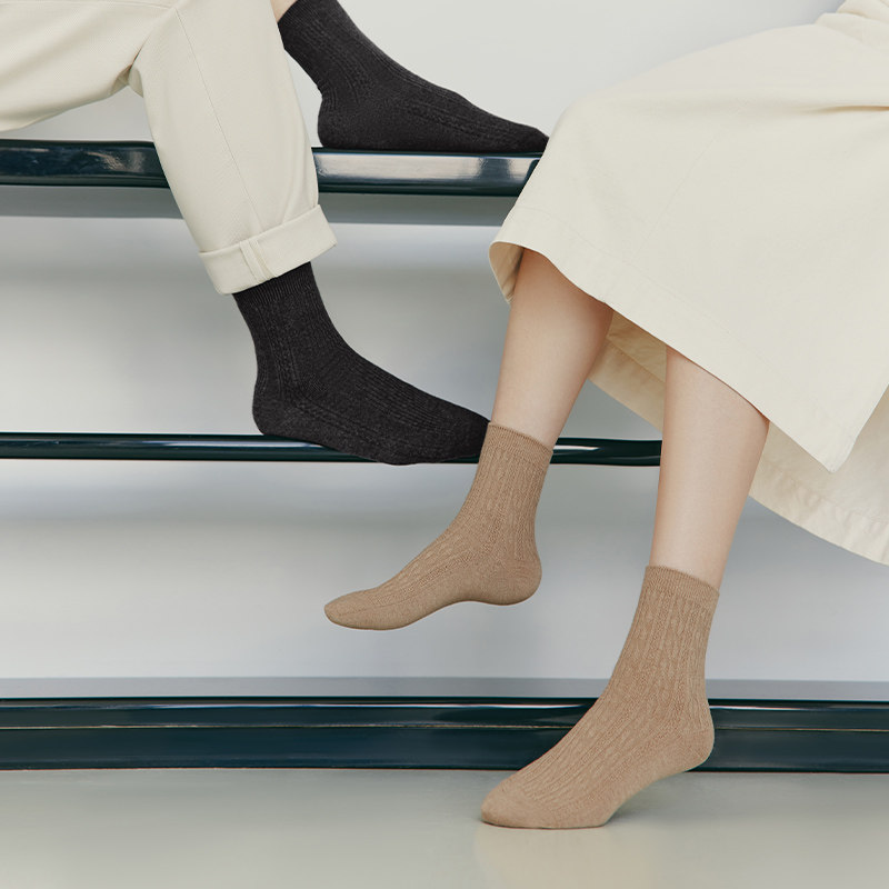 三枪羊毛袜3A抗菌秋冬中长筒加绒加厚男女情侣保暖棉袜子纯色简约