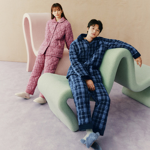 三枪男女睡衣2023秋冬新品纯棉加厚开襟简约格子男女士家居服套装