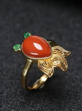 女款红玉碧玉金鱼镀金活口戒指