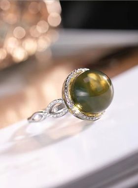 波纹琥珀宝石时尚气质银手饰小众设计气质百搭开口指环戒指女士款