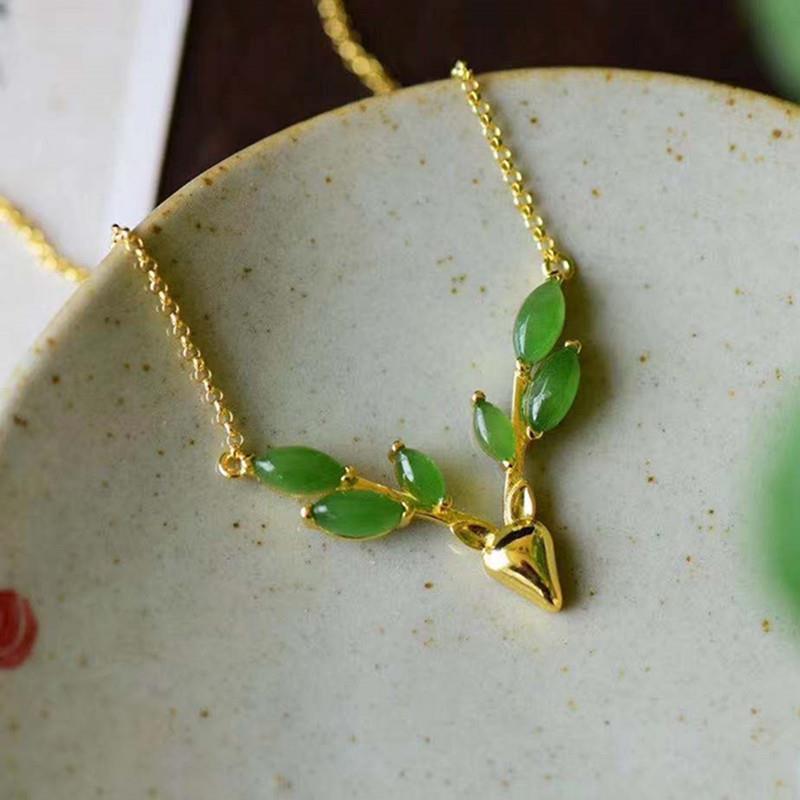 天然碧玉复古镶嵌镀金厚金女款吊坠小鹿锁骨套链民族风气质饰品礼