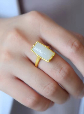 天然和田玉白玉平安牌戒指纯银镶