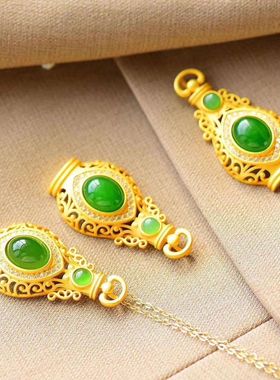 纯铜镀金锁骨项链镶嵌碧玉白玉玉瓶吊坠女款民族风旗袍配饰品项坠