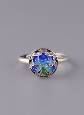 烧蓝工艺饰品简约开口莲花圆形民族风戒指小众时尚设计高级感女款