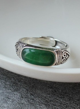 复古个性做旧碧玉花纹简约开口戒