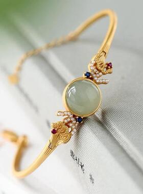 新款镀金镶嵌碧玉活口手镯手环民族风高级感复古风气质手饰品女款