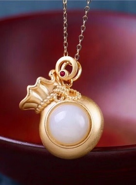 砂金钱袋白玉项链吊坠银饰工艺时尚个性简约风大气寓意饰品女士款