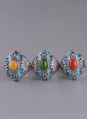 复古镀S925银天然蜜蜡碧玉仿南