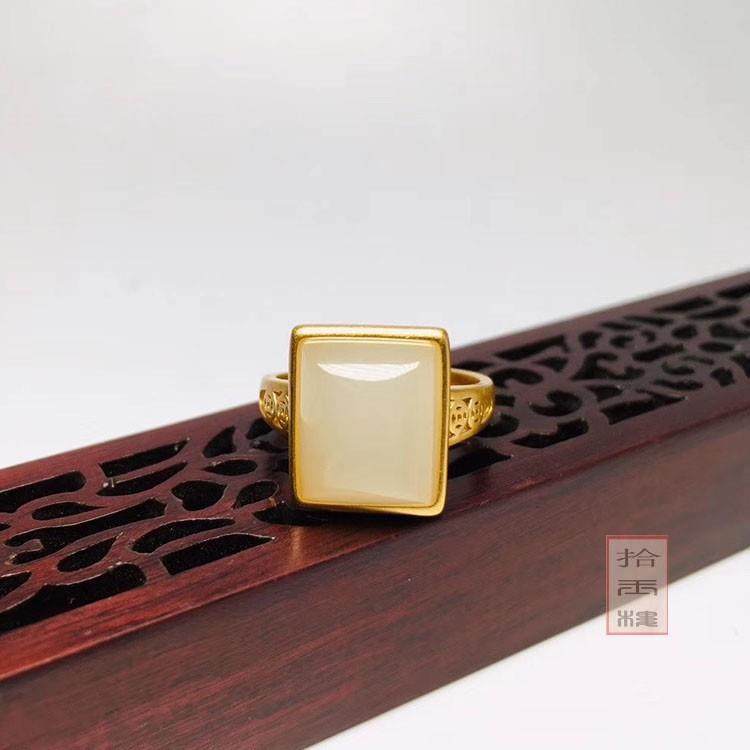 轻奢镀金活口戒指镶嵌白玉方形钱币指环女款食指戒民族风手饰品