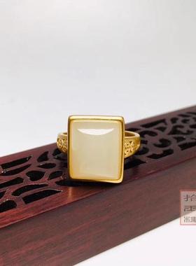 女款方形白玉镀金活口戒指