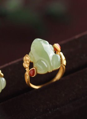 招财青蛙青玉活口可调节女款戒指