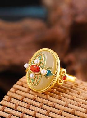 白玉复古精美女士花朵活口戒指