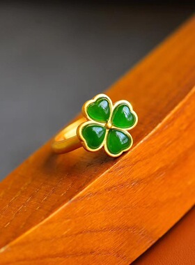 复古天然和田碧玉幸运草戒指古法
