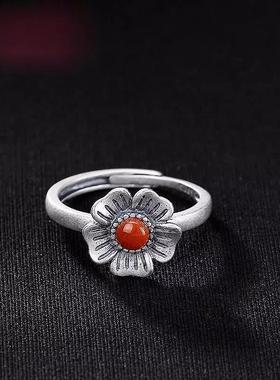 镀银复古做旧天然玉石梅花桃花女士开口戒指民族风之指环百搭饰品