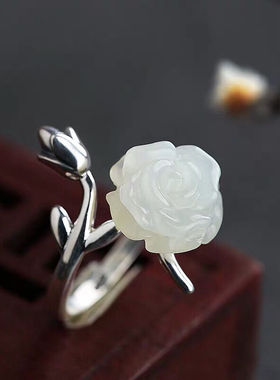 镀银戒指女镶嵌天然白玉玫瑰雕花开口指环时尚民族风百搭手饰品