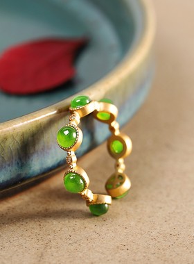 镀古法金工艺绿碧玉玉髓戒指