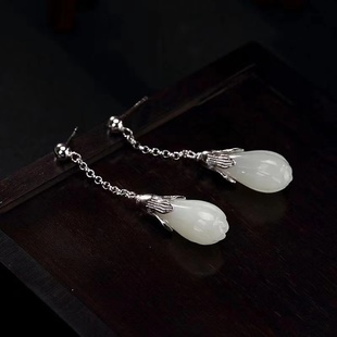 玉白玉兰花玉石复古百搭个性古典时尚高级感银耳钉耳钩耳饰女士款