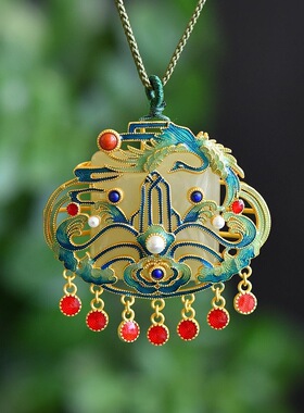 珐琅镶嵌方形鼓面南天门吊坠镀金项链饰品小众设计百搭女吊坠项链