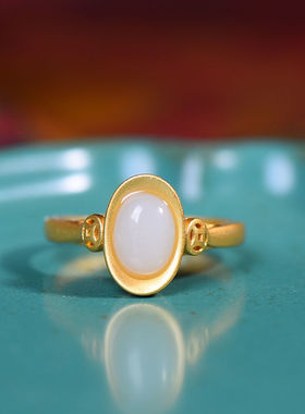 女款元宝白玉镀金活口戒指