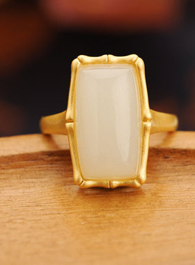 天然和田玉白玉平安牌竹节戒指