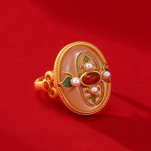 天然和田玉珍珠南红戒指S925纯银珐琅手饰贵气复古典雅指环饰品女