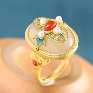 复古宫廷风气质玉石白玉烤蓝和田玉珍珠戒指镀金色戒指饰品女士款