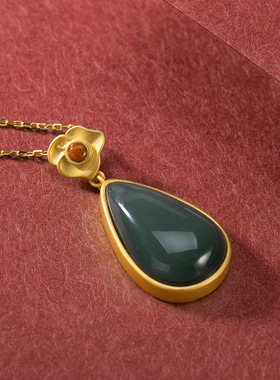 合金镀金锁骨项链镶嵌水滴形碧玉女士颈饰品吊坠民族风经典项坠礼