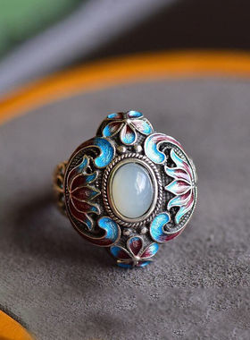 镀银银戒指白玉民族风女款首饰