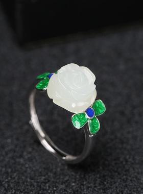 天然白玉玫瑰花戒指活口镀银指环