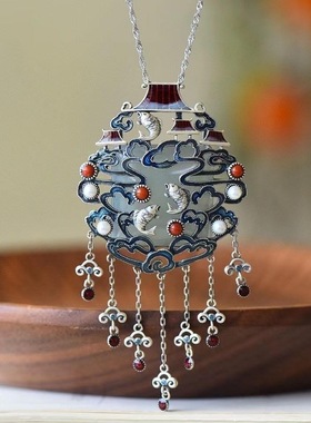 原创设计银镶嵌方形珐琅多宝吊坠