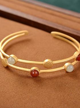 镀白金色嵌仿南红和田玉个性时尚气质女士不规则手镯气质手环礼物