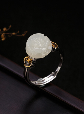 S925纯银镀金天然和田玉玫瑰花戒