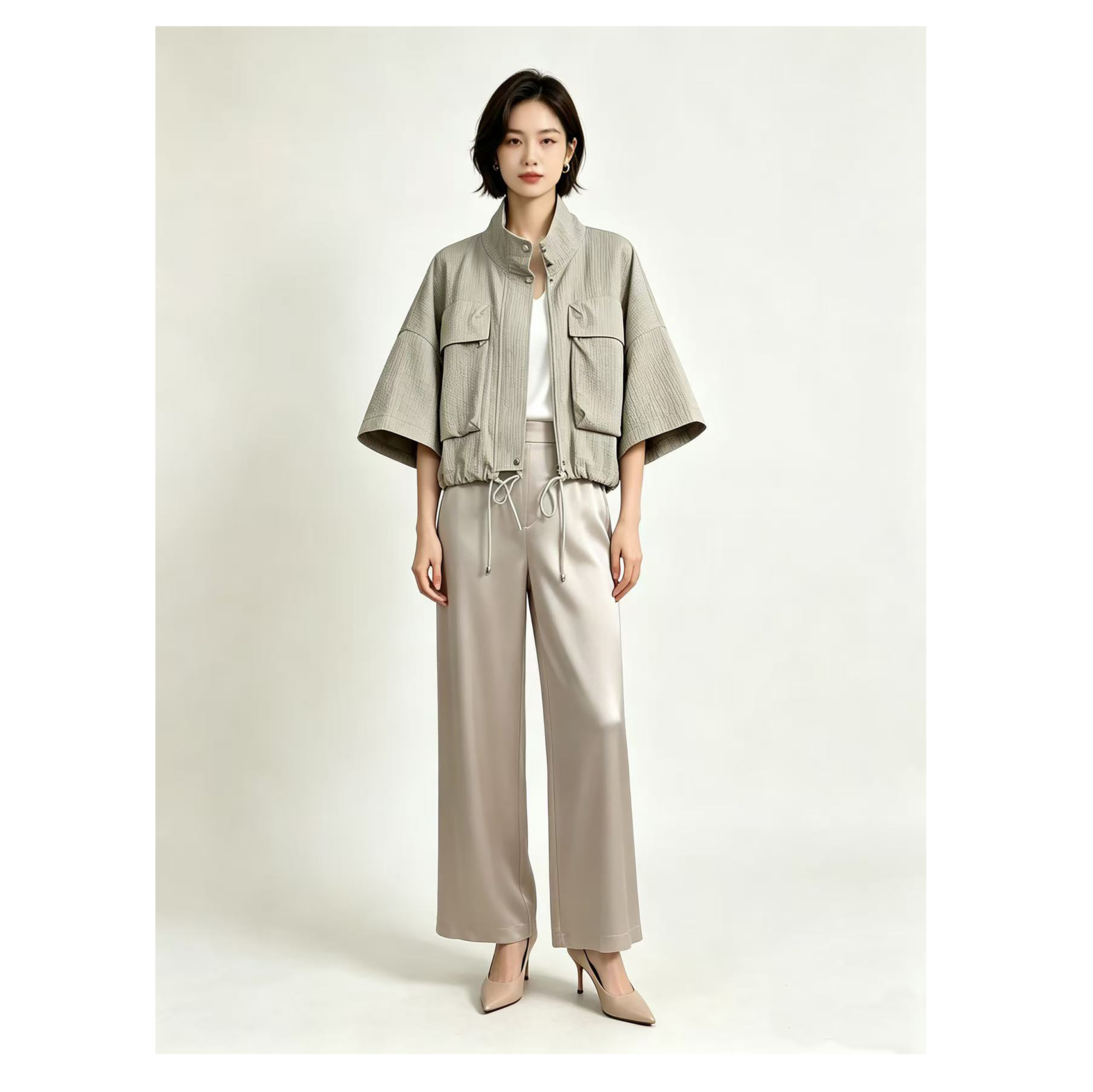 日系压褶工装风衣外套女短款棉
