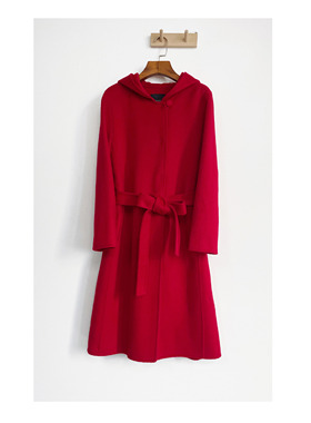 新品 红色高级水波纹羊毛双面呢大衣连帽超细羊毛 品牌单优雅大气