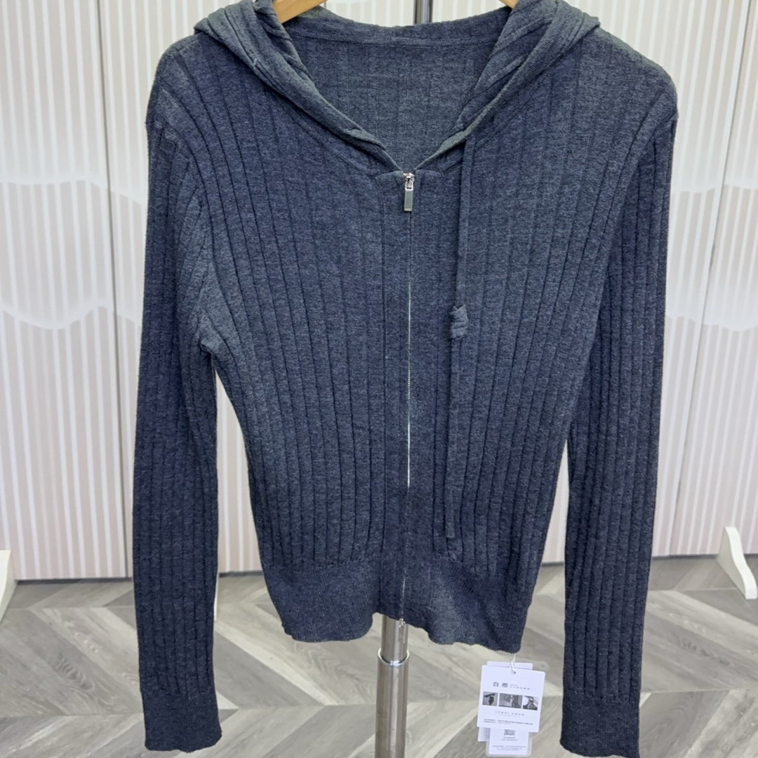 可路莎正品251087 连帽拉链针织开衫女灰色修身百搭显瘦毛衣