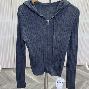 可路莎正品251087 连帽拉链针织开衫女灰色修身百搭显瘦毛衣