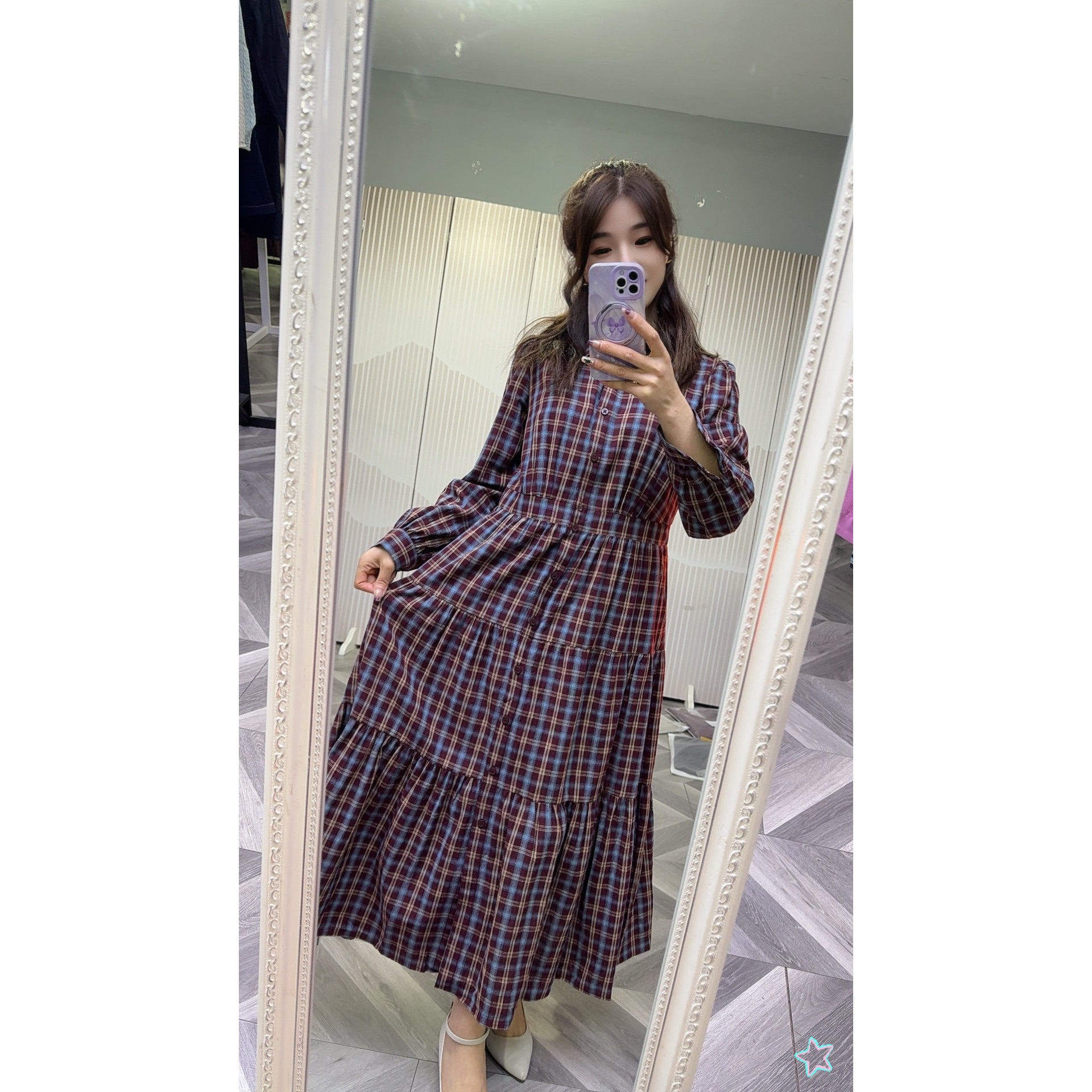 可路莎正品251144A 复古格纹连衣裙女长袖显瘦神器田园风中长裙