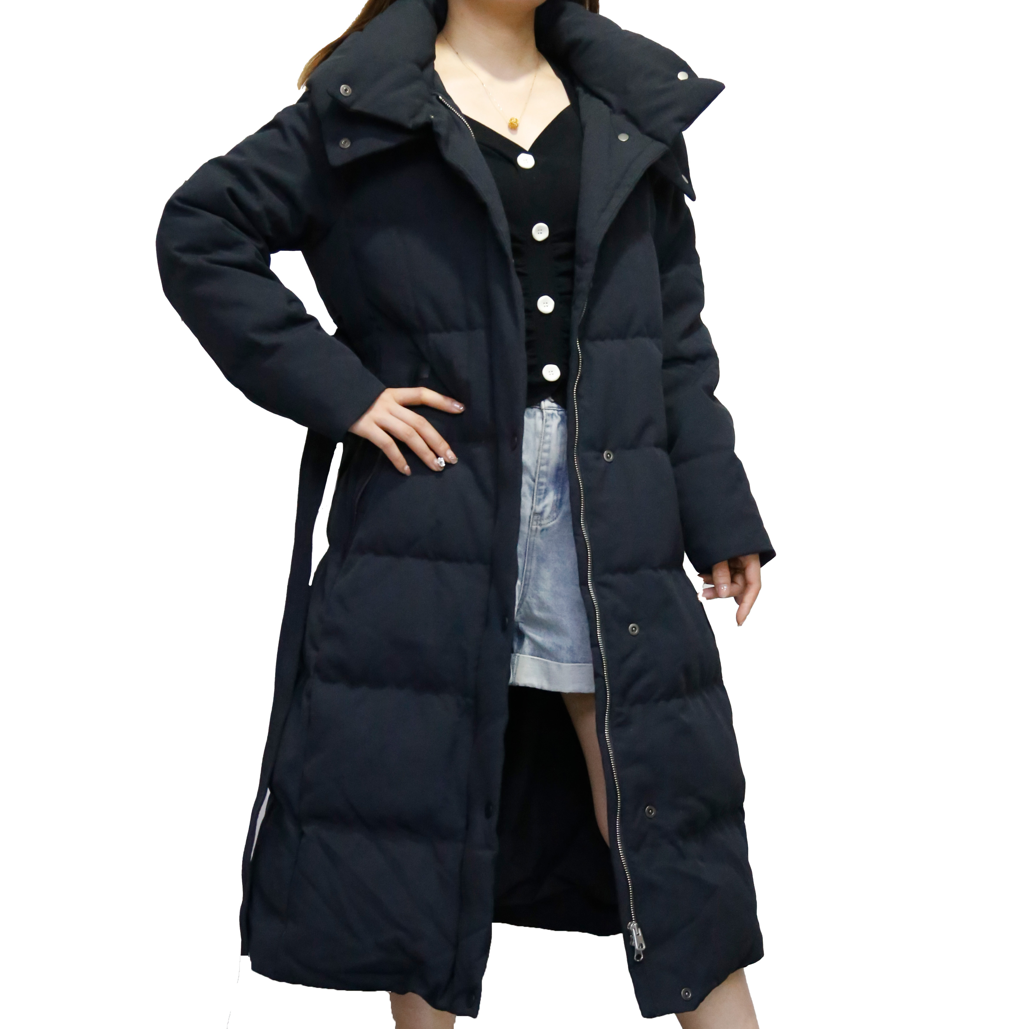 可路莎247836厚款鹅绒服 冬季新品收腰系腰带长款鹅绒服 修身立领