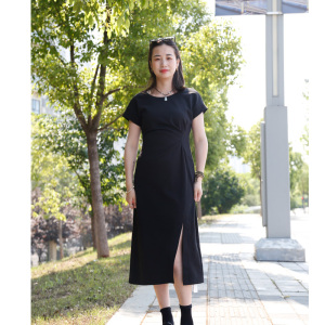 可路莎专柜正品252474开叉中长款收腰日常连衣裙女装短袖简约风格