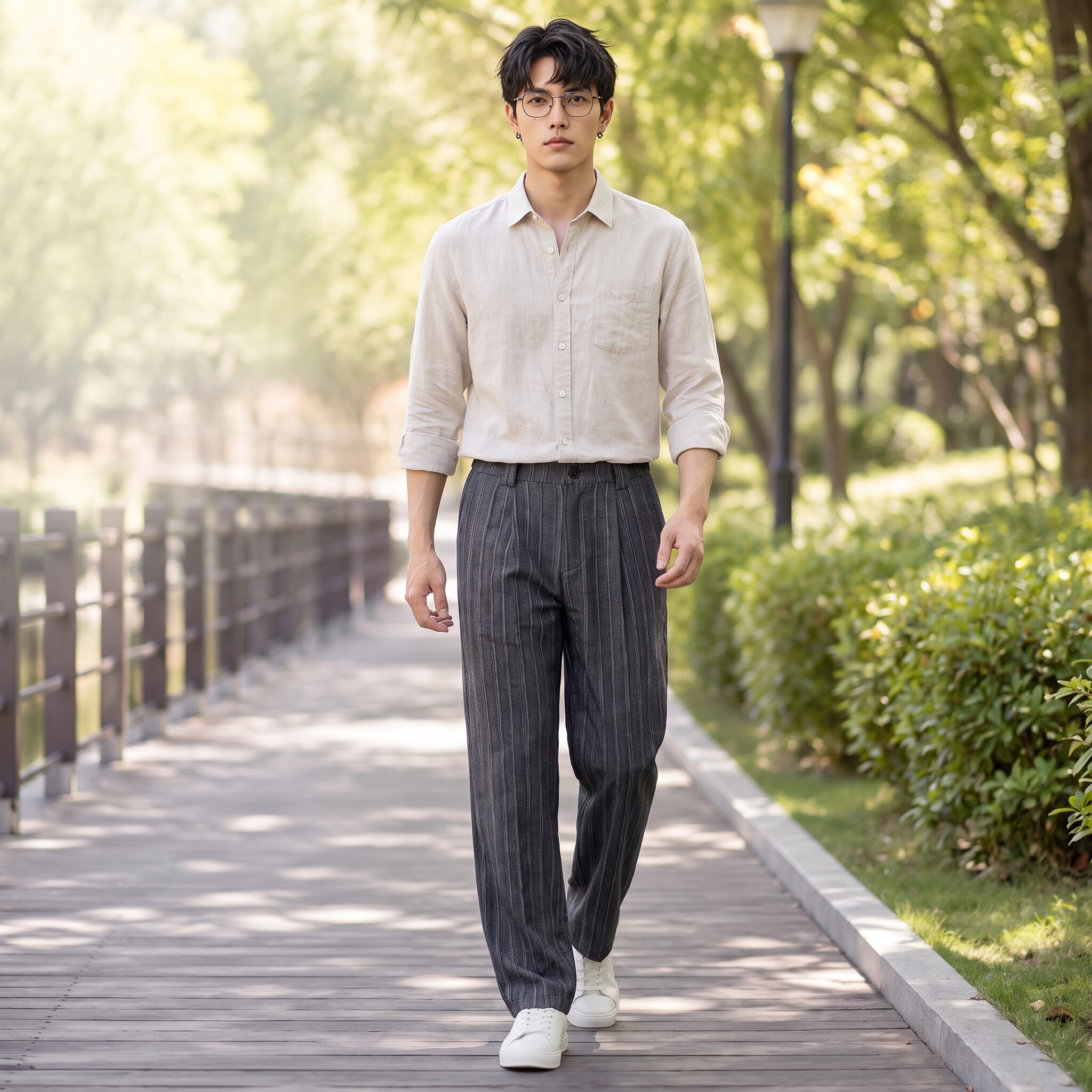 麻棉质感条纹长裤垂坠抗皱日常通勤阔腿裤男士新款时尚直筒休闲裤