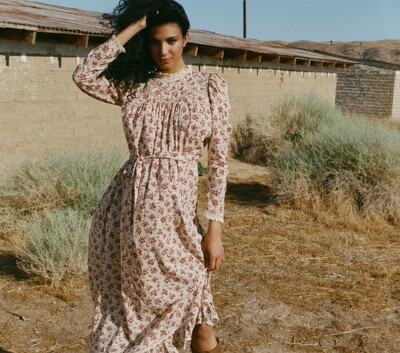 doen甜美复古印花蕾丝边绑带收腰