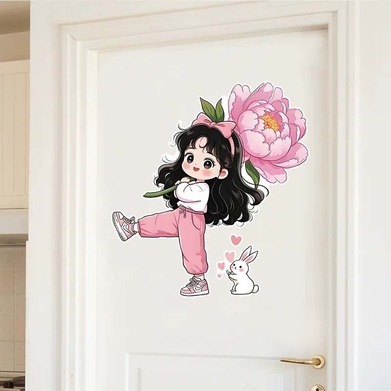 可爱卡通女孩门贴墙贴遮丑补洞贴纸自粘房间衣柜门上墙面装饰贴画
