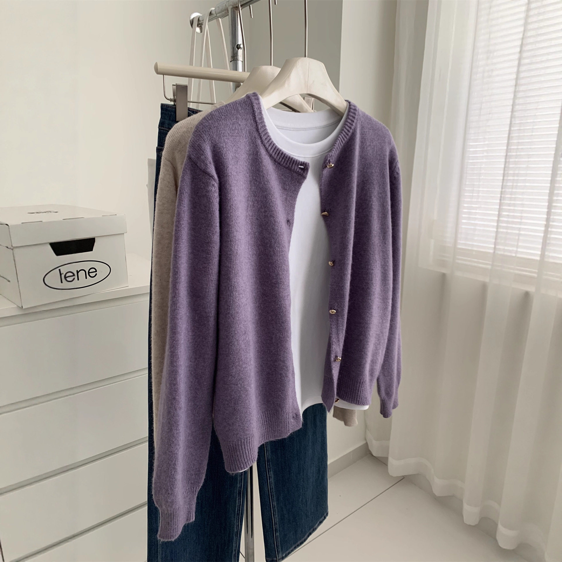 【Miss陸】紫小金扣羊毛针织开衫女柔软兔毛毛衣外套秋冬百搭上衣