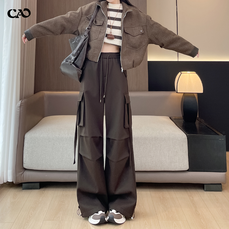 工装阔腿裤女秋冬款松紧腰直筒裤