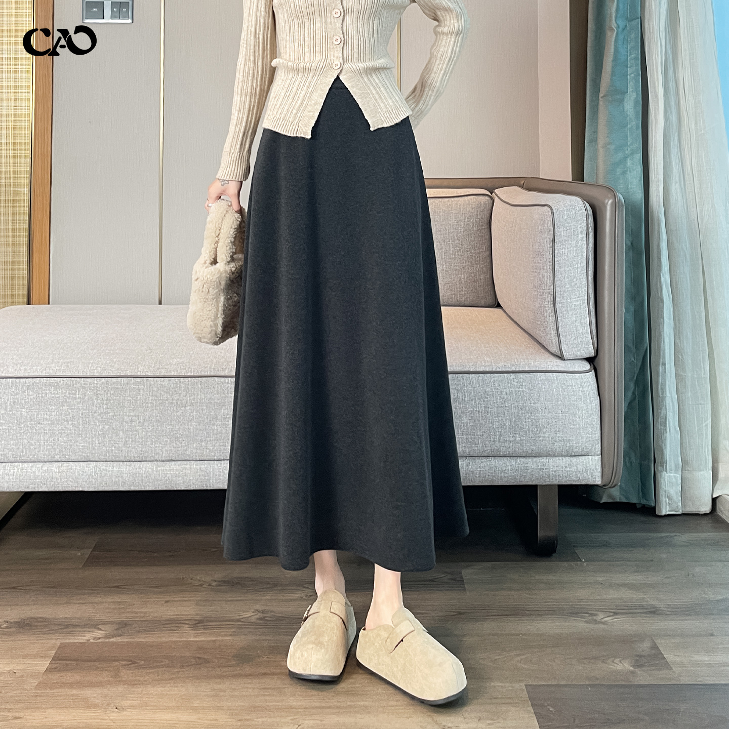 毛呢半身裙女秋冬款灰色糯米伞裙