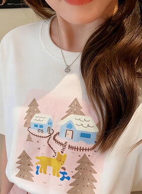 新款夏季2026卡通印花T恤宽松圆领上衣清新甜美体恤女装白色短袖
