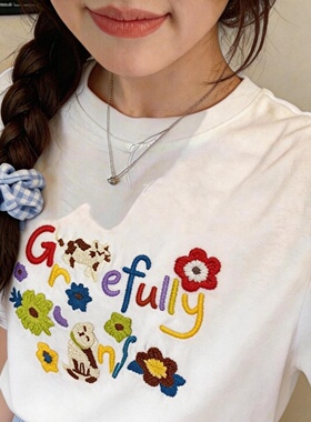 新款夏季2026花卉印花T恤宽松圆领上衣清新甜美体恤女装白色短袖