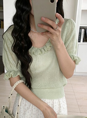 新款夏季2026针织短袖花边宽松短款V领甜美温柔女装T恤上衣