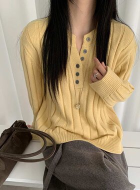 2026秋冬新款纽扣圆领针织衫长袖短款毛衣套头竖条纹韩系甜美女装